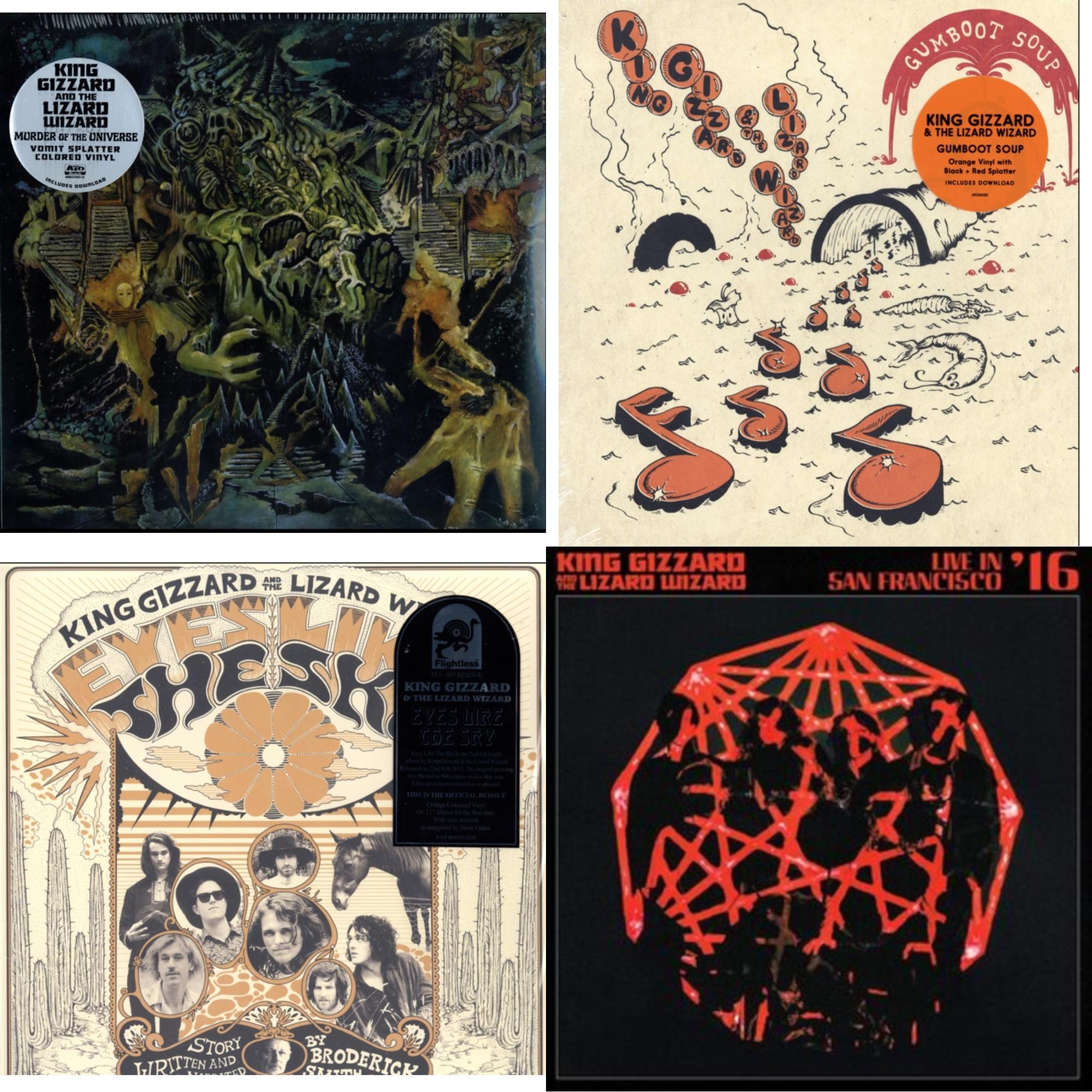 King Gizzard & The Lizard Wizard - Murder Of The Universe (Transparent Green W/Mustard Yelow Splatter LP Vinyl) & Gumboot Soup & Eyes Likes The Sky (Peach LP Vinyl) & Live In San Francisco '16 (Deluxe/2LP/Fog/Sunburst Vinyl)