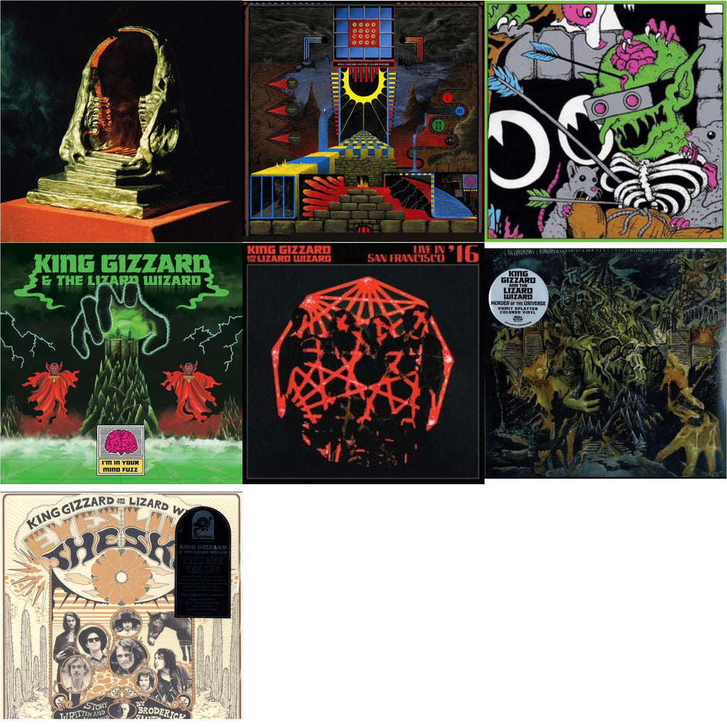 King Gizzard & The Lizard Wizard - I'm In Your Mind Fuzz & Live In Brussels '19 (140G/3LP) & Murder Of The Universe (Transparent Green W/Mustard Yelow Splatter LP Vinyl) & Polygondwanaland & Eyes Likes The Sky (Peach LP Vinyl) & Infest The Rats' Nest