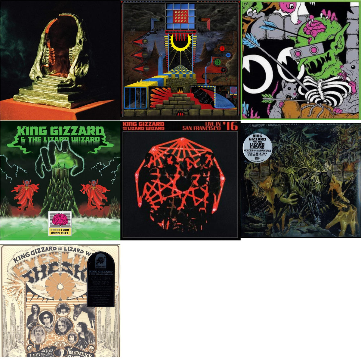 King Gizzard & The Lizard Wizard - I'm In Your Mind Fuzz & Live In Brussels '19 (140G/3LP) & Murder Of The Universe (Transparent Green W/Mustard Yelow Splatter LP Vinyl) & Polygondwanaland & Eyes Likes The Sky (Peach LP Vinyl) & Infest The Rats' Nest