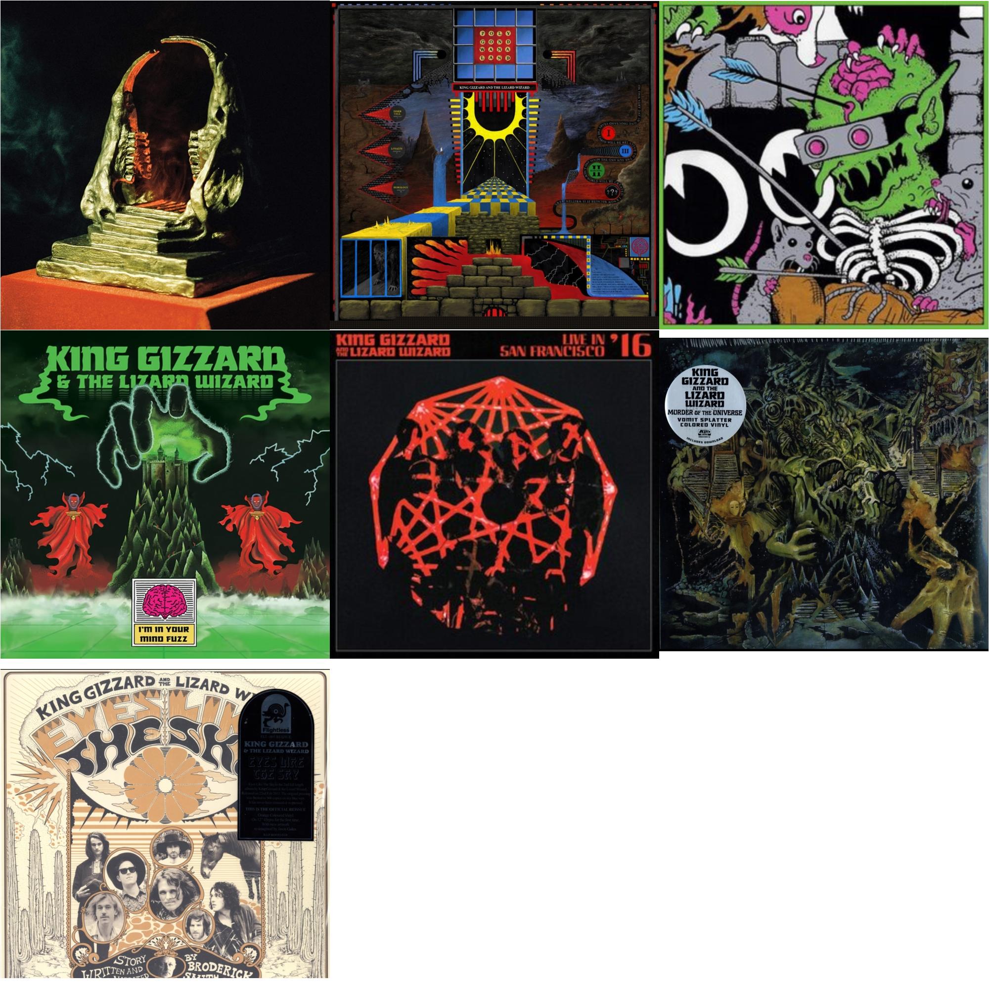 King Gizzard & The Lizard Wizard - I'm In Your Mind Fuzz & Live In Brussels '19 (140G/3LP) & Murder Of The Universe (Transparent Green W/Mustard Yelow Splatter LP Vinyl) & Polygondwanaland & Eyes Likes The Sky (Peach LP Vinyl) & Infest The Rats' Nest