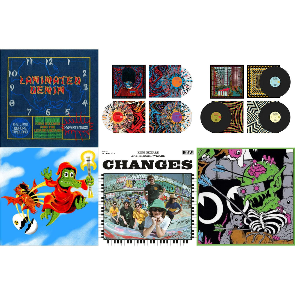 King Gizzard & The Lizard Wizard - Laminated Denim (Lucky Rainbow LP Vinyl) & Live In London '19 (Fuzz Club Official Bootleg) (Coloured LP Vinyl) & Live In Asheville '19 (Fuzz Club Official Bootleg) & Live In Melbourne '21 (Yellow Vinyl/2LP) (I) &