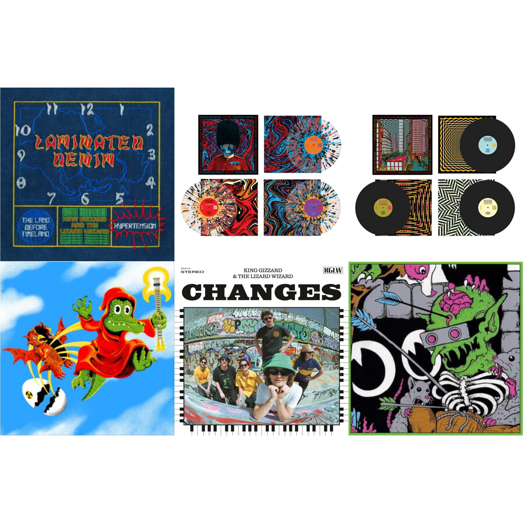 King Gizzard & The Lizard Wizard - Laminated Denim (Lucky Rainbow LP Vinyl) & Live In London '19 (Fuzz Club Official Bootleg) (Coloured LP Vinyl) & Live In Asheville '19 (Fuzz Club Official Bootleg) & Live In Melbourne '21 (Yellow Vinyl/2LP) (I) &