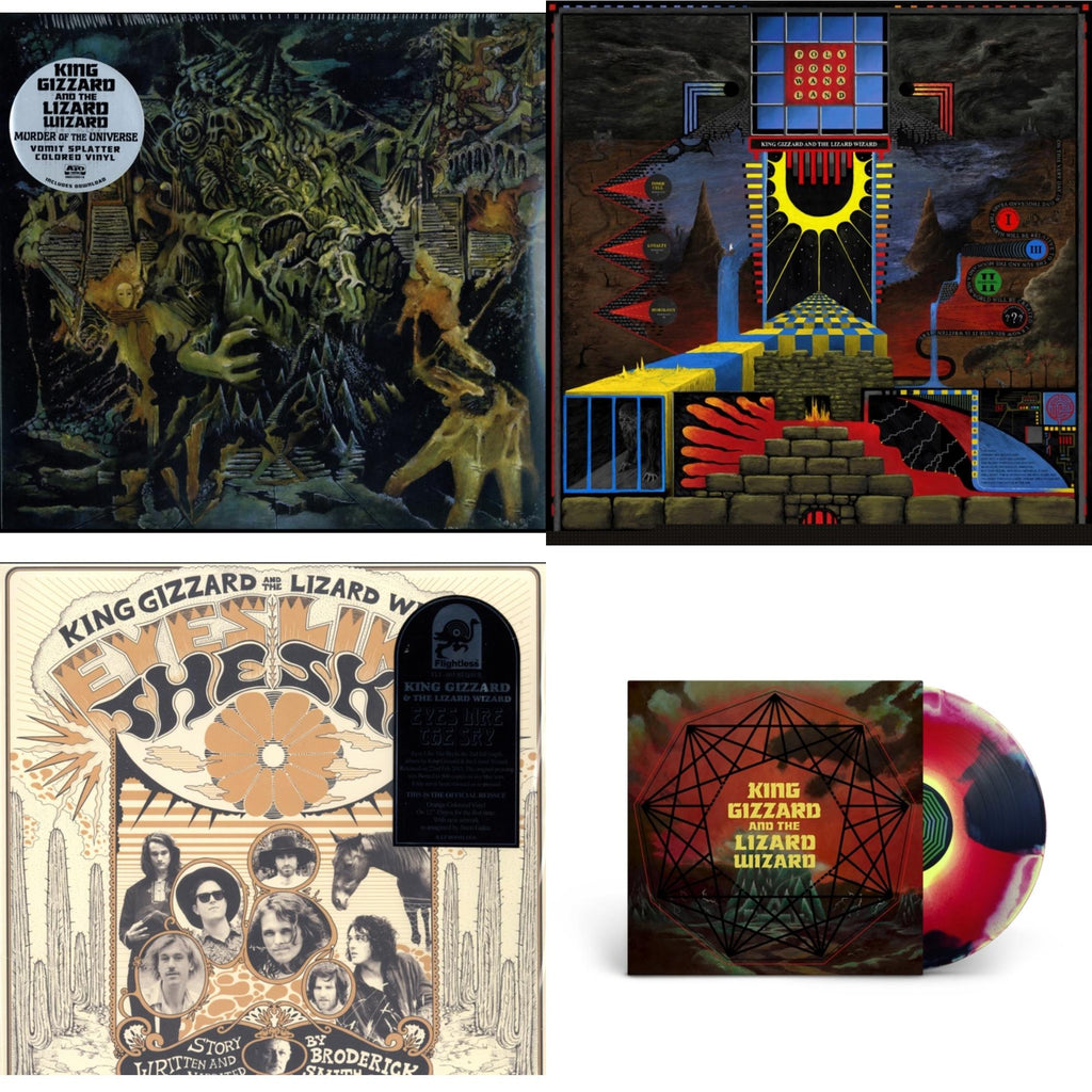 King Gizzard & The Lizard Wizard - Murder Of The Universe (Transparent Green W/Mustard Yelow Splatter LP Vinyl) & Polygondwanaland & Eyes Likes The Sky (Peach LP Vinyl) & Nonagon Infinity (Yellow/Red/Black LP Vinyl)