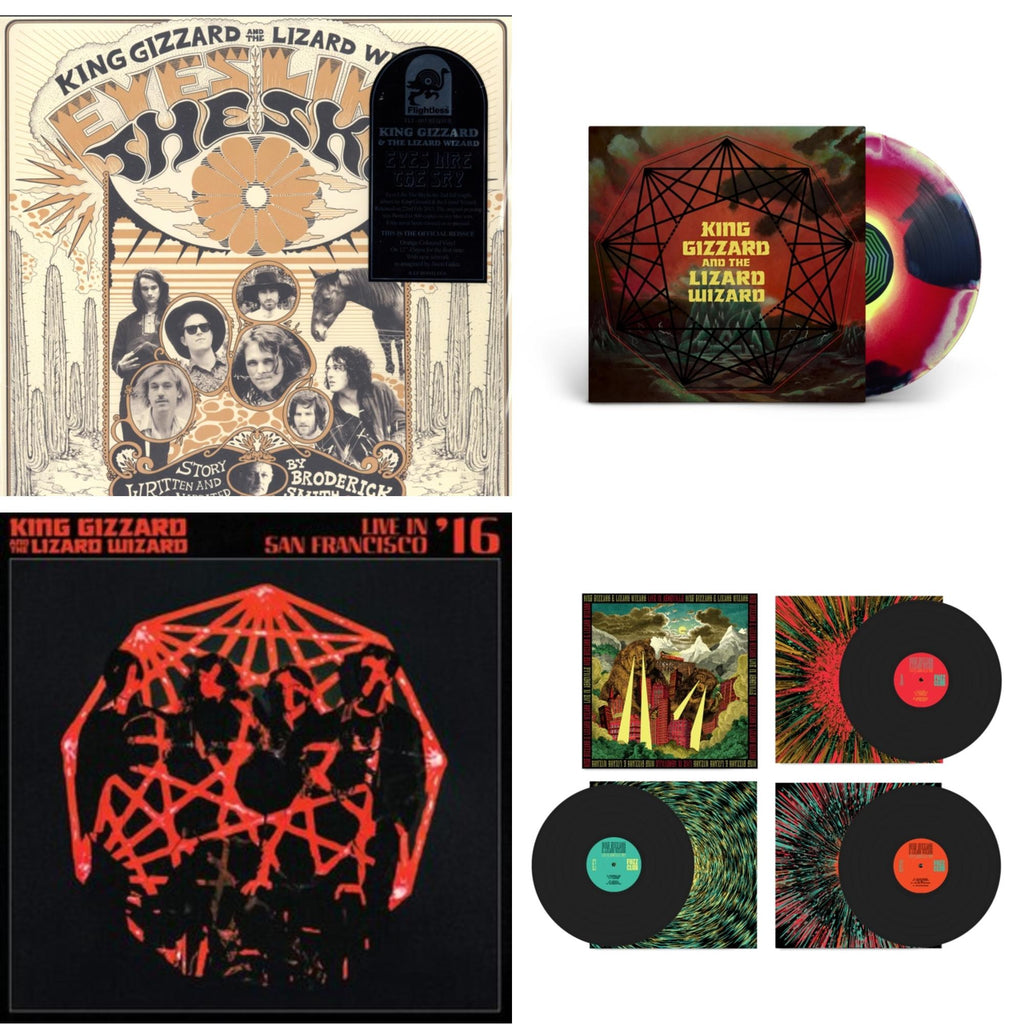 King Gizzard & The Lizard Wizard - Eyes Likes The Sky (Peach LP Vinyl) & Nonagon Infinity (Yellow/Red/Black LP Vinyl) & Live In San Francisco '16 (Deluxe/2LP/Fog/Sunburst Vinyl) & Live In Adelaide '19 (Fuzz Club Official Bootleg)