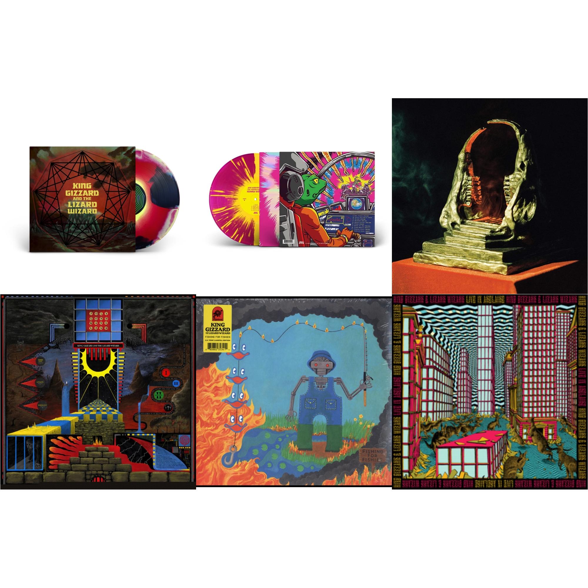 King Gizzard & The Lizard Wizard - Nonagon Infinity (Yellow/Red/Black LP Vinyl) & Teenage Gizzard (Magenta & Yellow Splatter LP Vinyl) & Infest The Rats' Nest (Red/Black LP Vinyl) & Polygondwanaland & Fishing For Fishies (Green LP Vinyl) & Live In