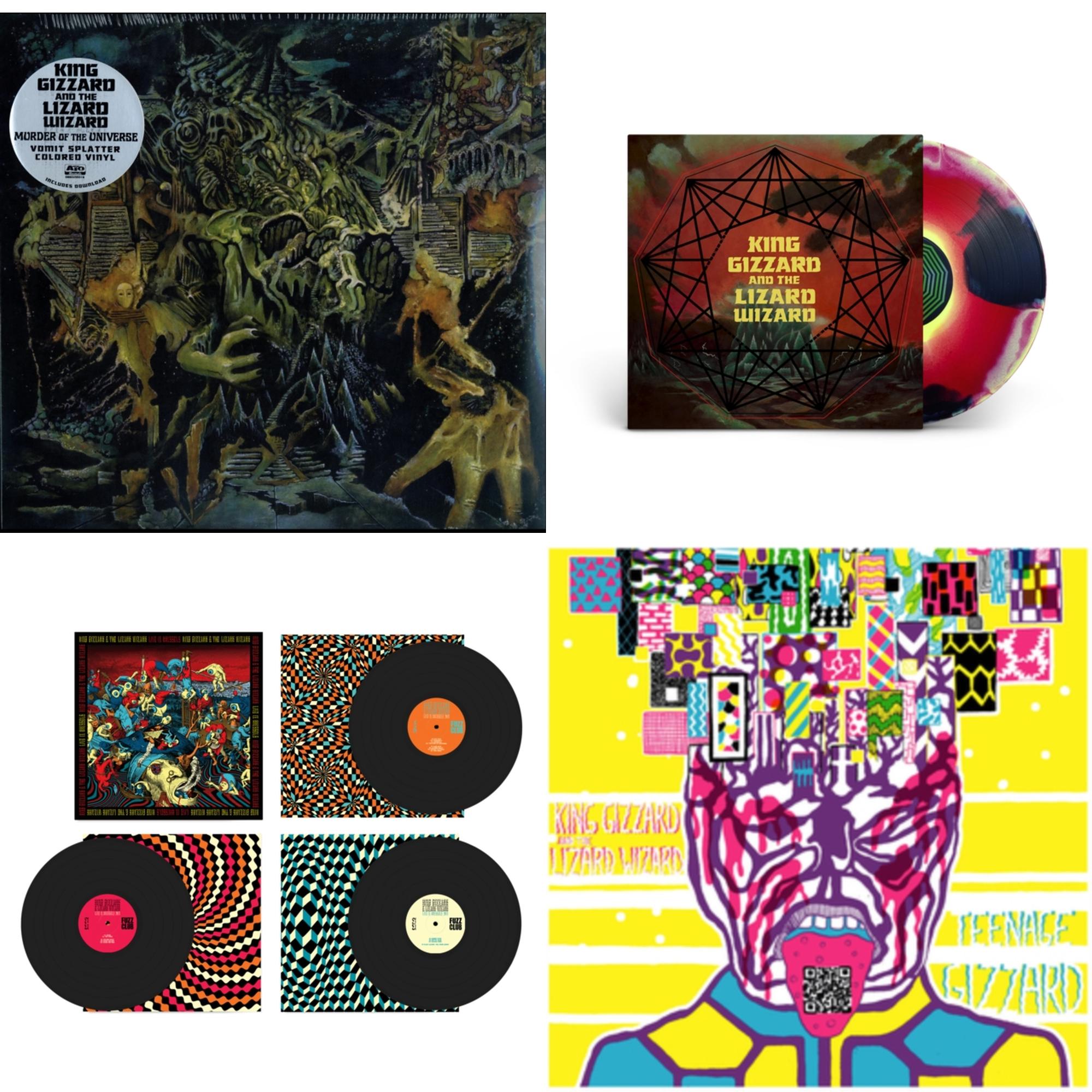 King Gizzard & The Lizard Wizard - Murder Of The Universe (Transparent Green W/Mustard Yelow Splatter LP Vinyl) & Nonagon Infinity (Yellow/Red/Black LP Vinyl) & Live In Brussels '19 (Fuzz Club Official Bootleg) & Teenage Gizzard (Fuzz Club Official