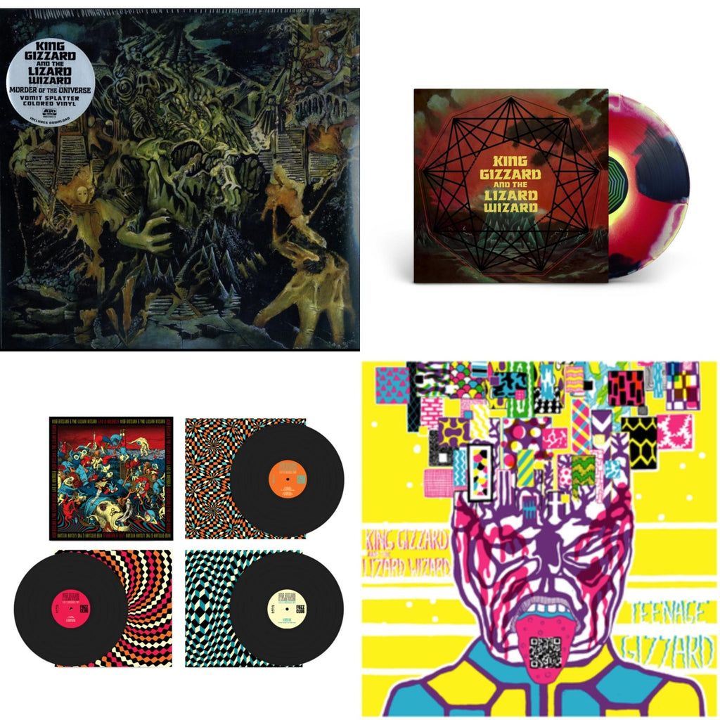 King Gizzard & The Lizard Wizard - Murder Of The Universe (Transparent Green W/Mustard Yelow Splatter LP Vinyl) & Nonagon Infinity (Yellow/Red/Black LP Vinyl) & Live In Brussels '19 (Fuzz Club Official Bootleg) & Teenage Gizzard (Fuzz Club Official