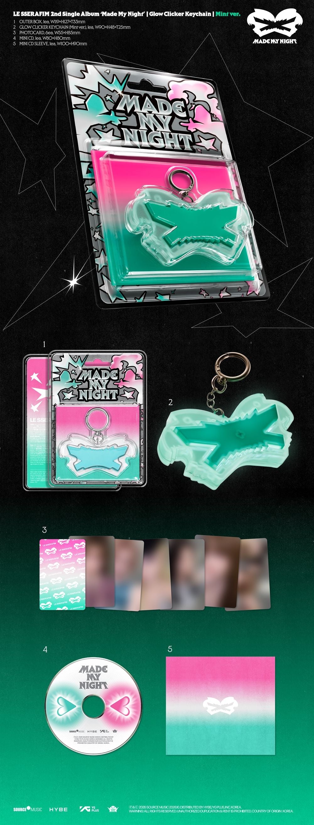 LE SSERAFIM – 2nd Single Album 'Made My Night' (Mint Glow Clicker Keychain ver. CD) Music CD