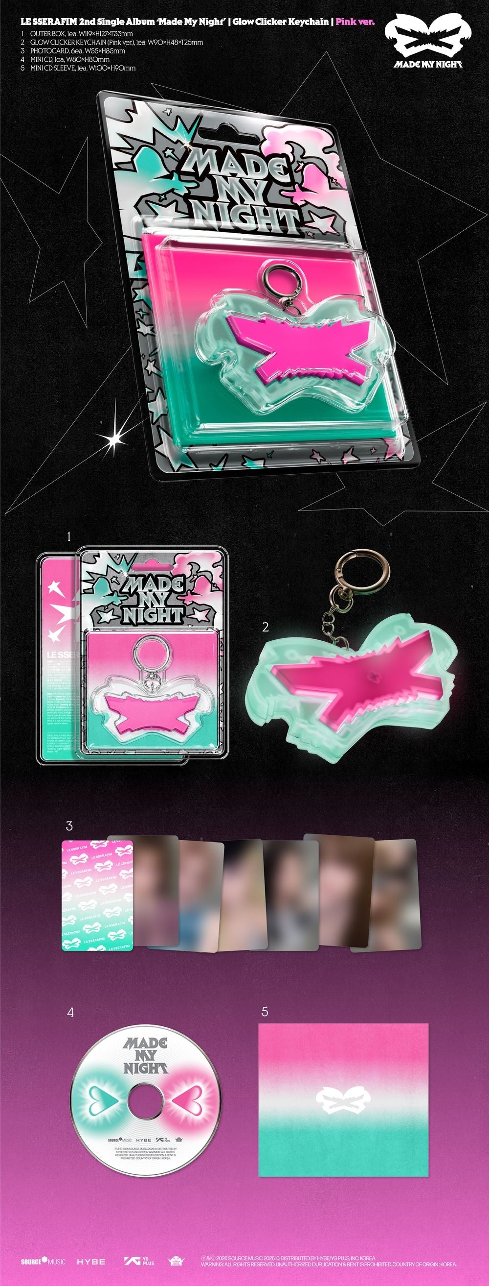 LE SSERAFIM – 2nd Single Album 'Made My Night' (Pink Glow Clicker Keychain ver. CD) Music CD