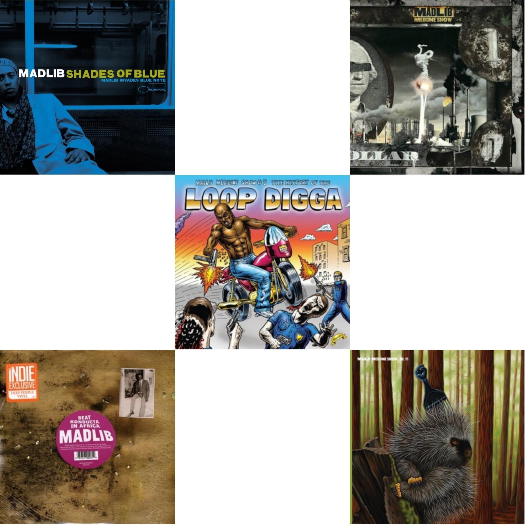 Madlib - Shades Of Blue (Blue Note Classic Vinyl Series) (2LP) & Medicine Show #3 - Beat Konducta In Africa (2LP/Deep Purple Vinyl) (I) & Medicine Show No. 5 - History Of The Loop Digga: 1990-2000 (2LP/Sky Blue Vinyl) (I) & Before The Verdict (Gold