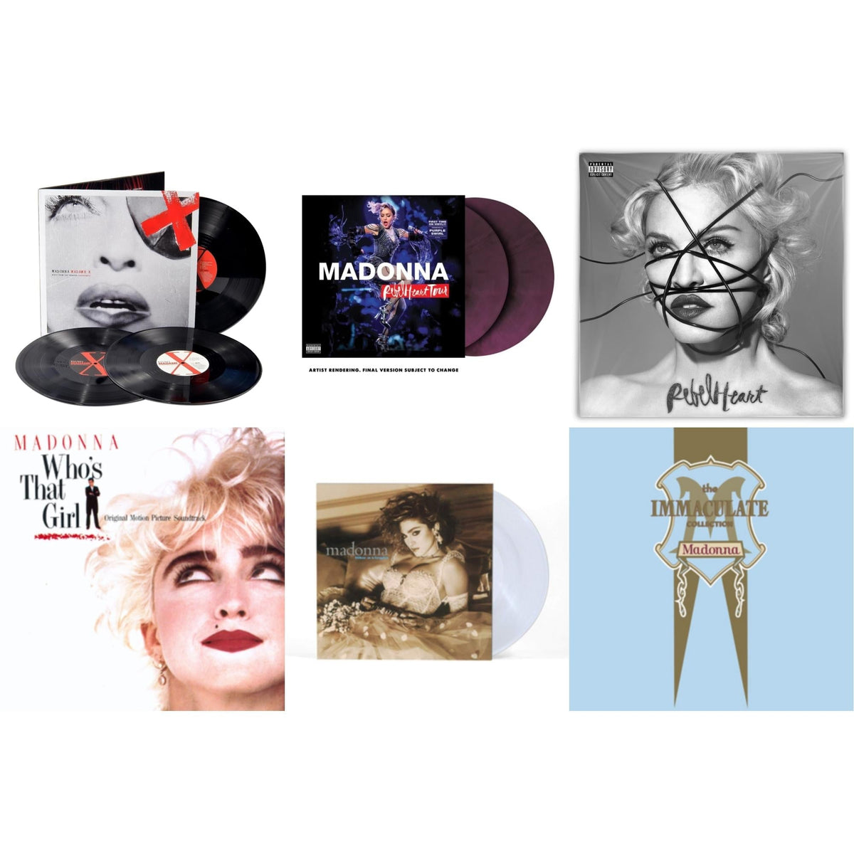 Madonna - Rebel Heart Tour (X) (Purple Galaxy Swirl Vinyl/2LP) & Rebel Heart & Madame X (Live) (3LP) & Like A Virgin & Immaculate Collection (2LP) & Who's That Girl Ost (Back 2 The 80S) (I)