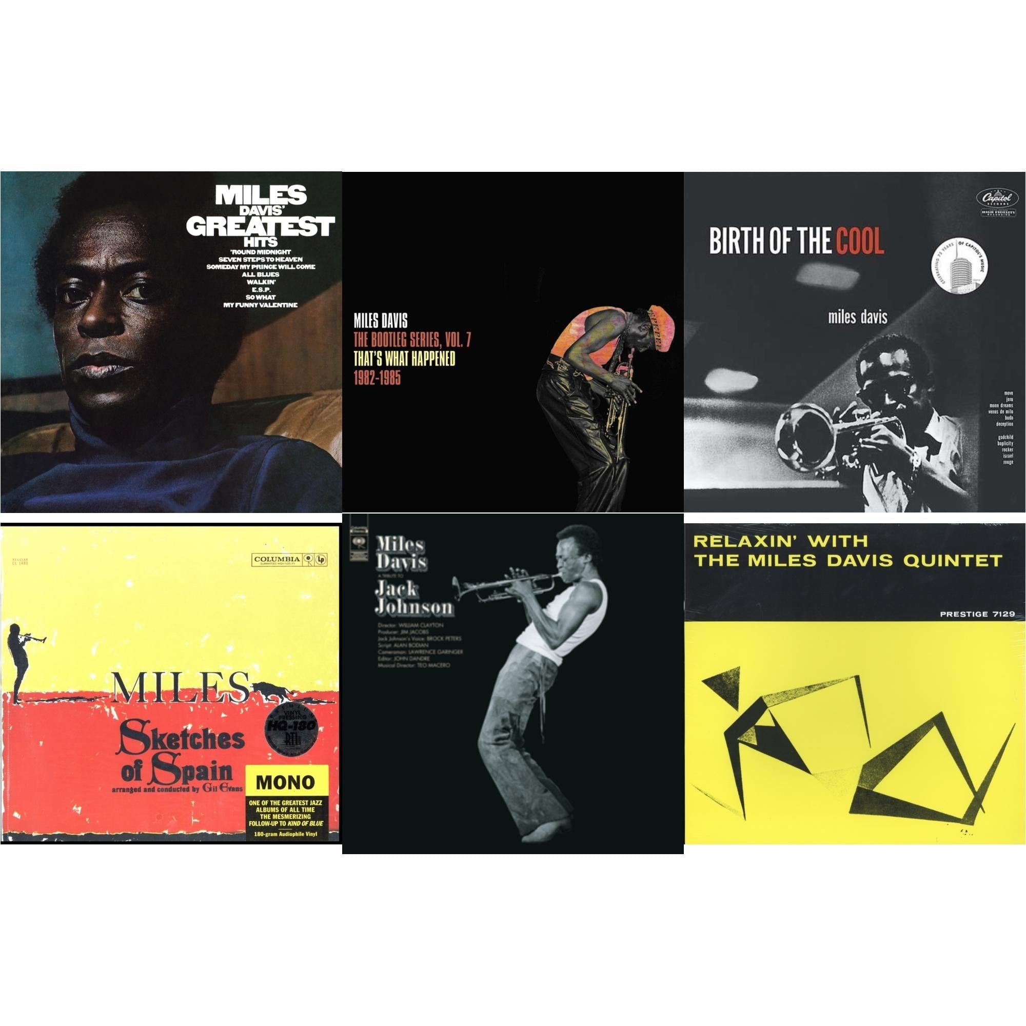 Relaxin With The Miles Davis Quintet & Tribute To Jack Johnson (140G/Dl Insert) & Bootleg Series Vol. 7: That’S What Happened 1982-1985 (2LP/White Vinyl) & Birth Of The Cool & Sketches Of Spain (Mono) & Greatest Hits (1969) (150G/Dl Code)