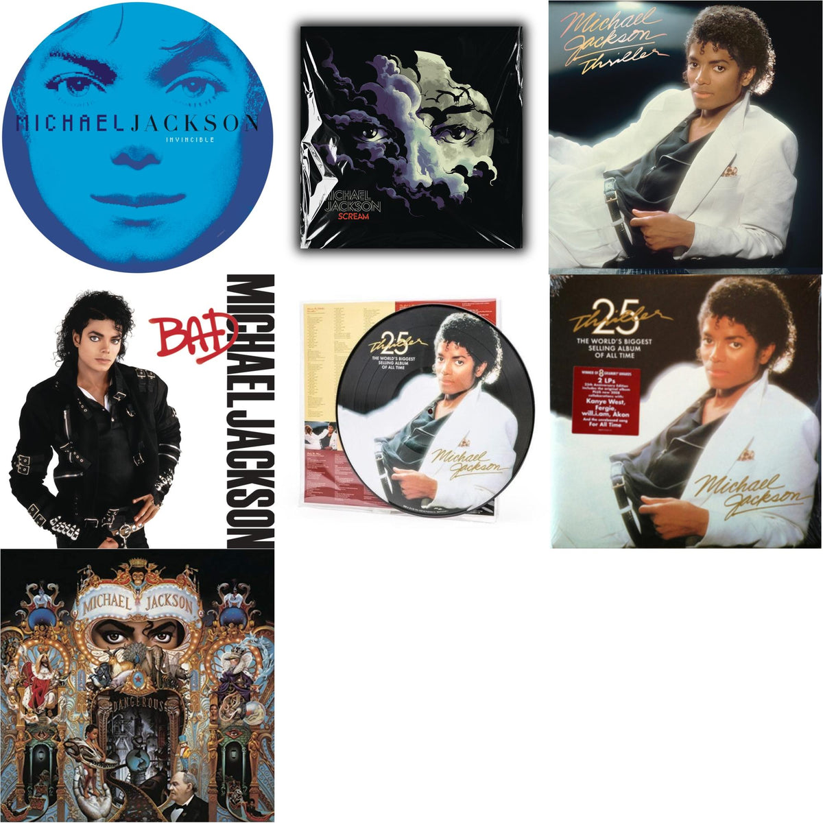 Invincible (2LP/Picture Disc) & Thriller (25Th Anniversary Edition/2LP/180G/Gatefold) & Thriller (Picture Disc) & Dangerous (180G/2LP) & Thriller (140G/Gatefold) & Bad (140G/Gatefold) & Michael Jackson - Scream (2LP) (New LP Vinyl)