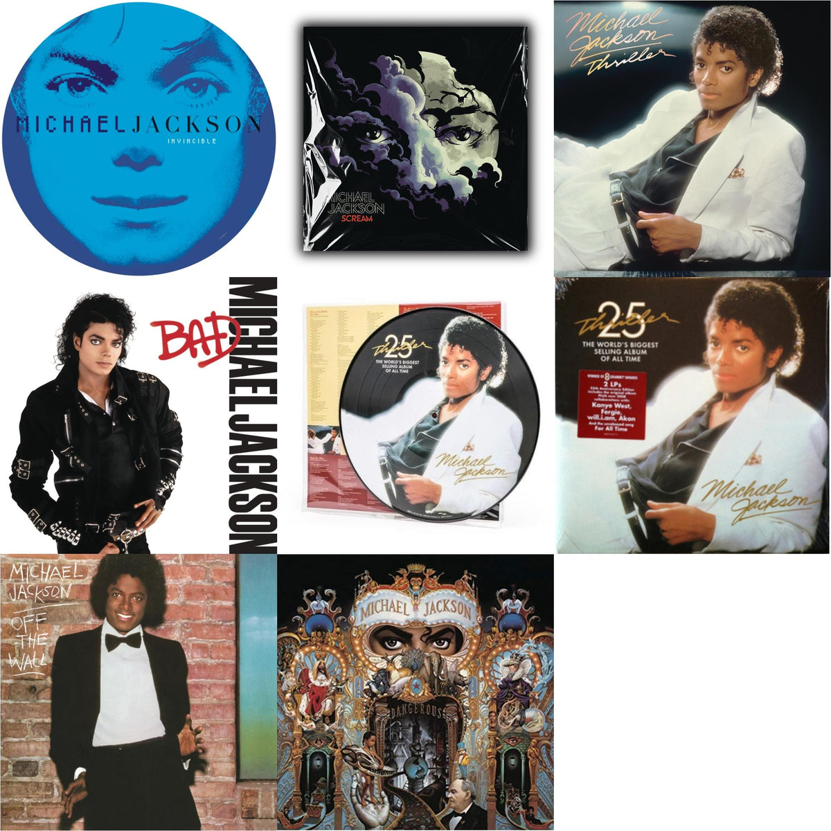 Michael Jackson - Invincible (2LP/Picture Disc) & Thriller (25Th Anniversary Edition/2LP/180G/Gatefold) & Thriller (Picture Disc) & Dangerous (180G/2LP) & Thriller (140G/Gatefold) & Bad (140G/Gatefold) & Off The Wall (140G/Gatefold) & Michael Jackson