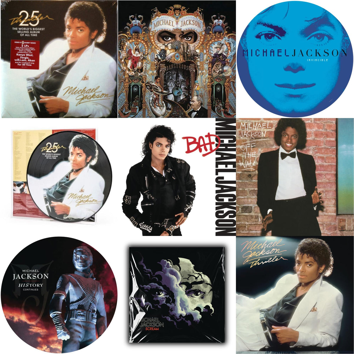 Michael Jackson - History: Continues (2LP/Picture Disc) & Invincible (2LP/Picture Disc) & Thriller (25Th Anniversary Edition/2LP/180G/Gatefold) & Thriller (Picture Disc) & Dangerous (180G/2LP) & Thriller (140G/Gatefold) & Bad (140G/Gatefold) & Off