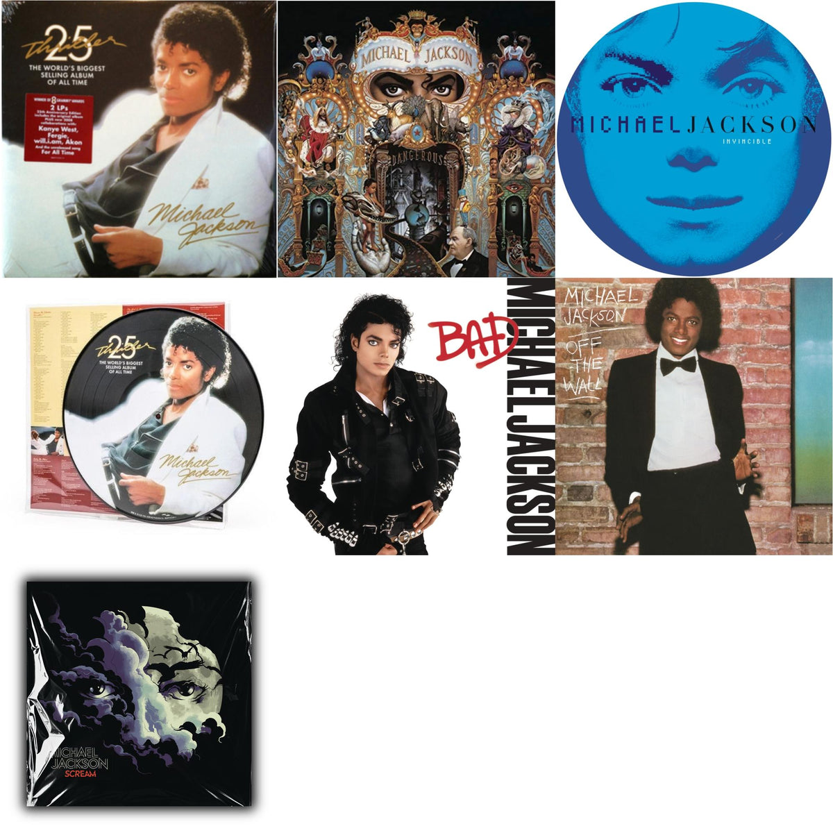Invincible (2LP/Picture Disc) & Thriller (25Th Anniversary Edition/2LP/180G/Gatefold) & Thriller (Picture Disc) & Dangerous (180G/2LP) & Bad (140G/Gatefold) & Off The Wall (140G/Gatefold) & Michael Jackson - Scream (2LP) (New LP Vinyl)