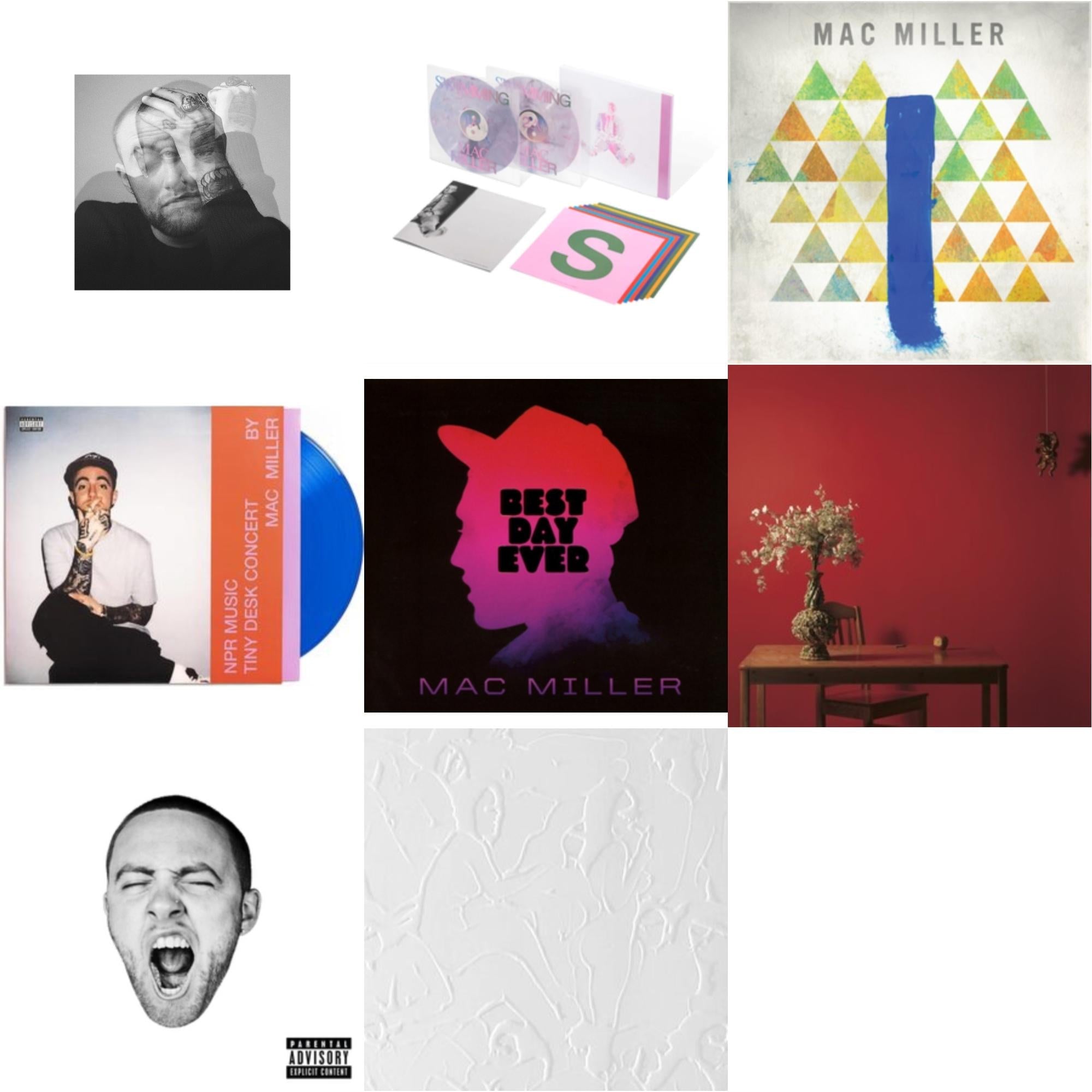 Mac Miller - Circles (2LP/Clear Vinyl) & Swimming (5 Year) (2LP/Milky Clear/Hot Pink/Sky Blue Marble Vinyl) & Blue Slide Park & Npr Music Tiny Desk Concert (Translucent Blue LP Vinyl/B-Side Etching/Insert) & Best Day Ever (Import) & Watching Movies
