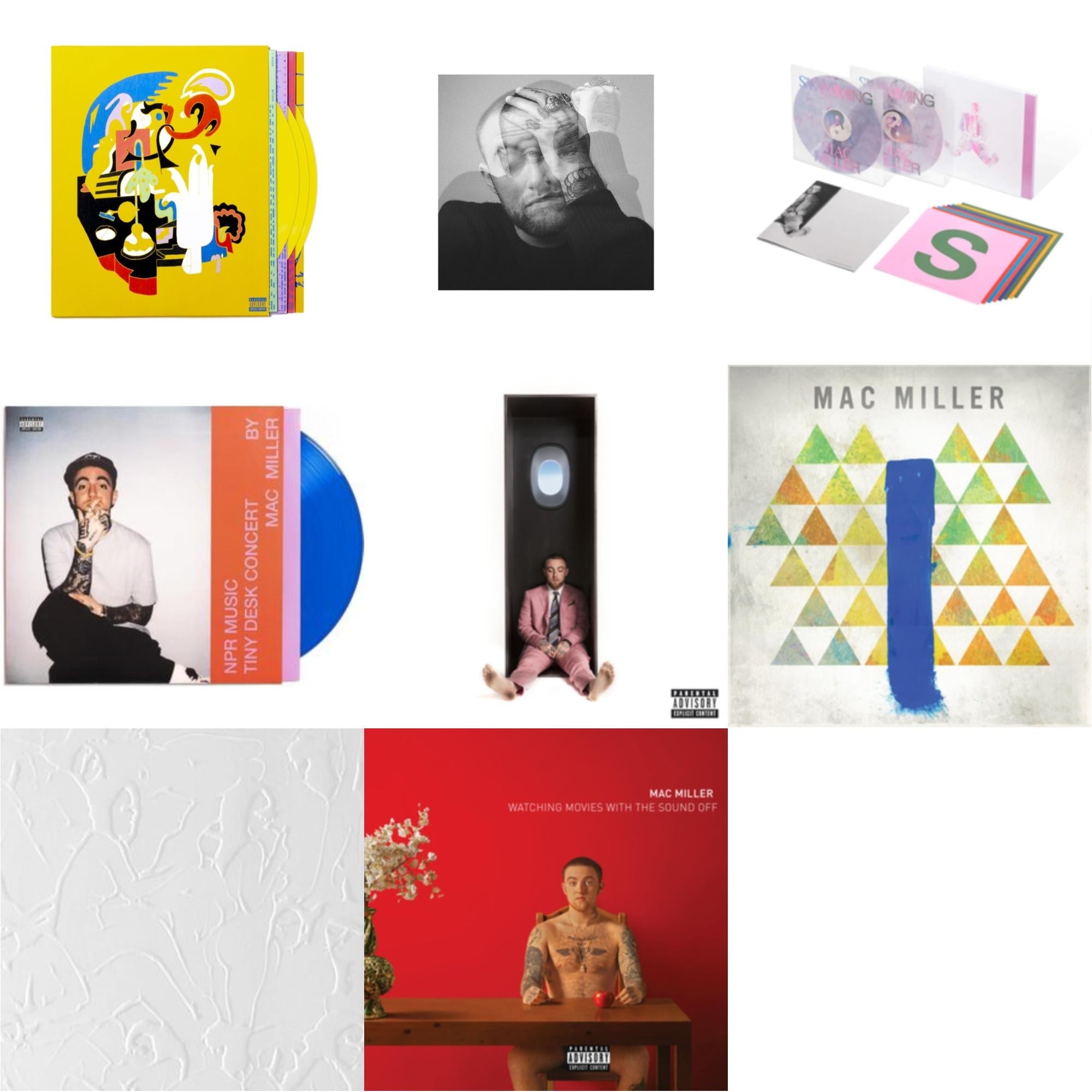 Mac Miller - Faces (3LP/Yellow Vinyl) & Circles (2LP/Clear Vinyl) & Swimming (5 Year) (2LP/Milky Clear/Hot Pink/Sky Blue Marble Vinyl) & Npr Music Tiny Desk Concert (Translucent Blue LP Vinyl/B-Side Etching/Insert) & Swimming (X) & Blue Slide Park &