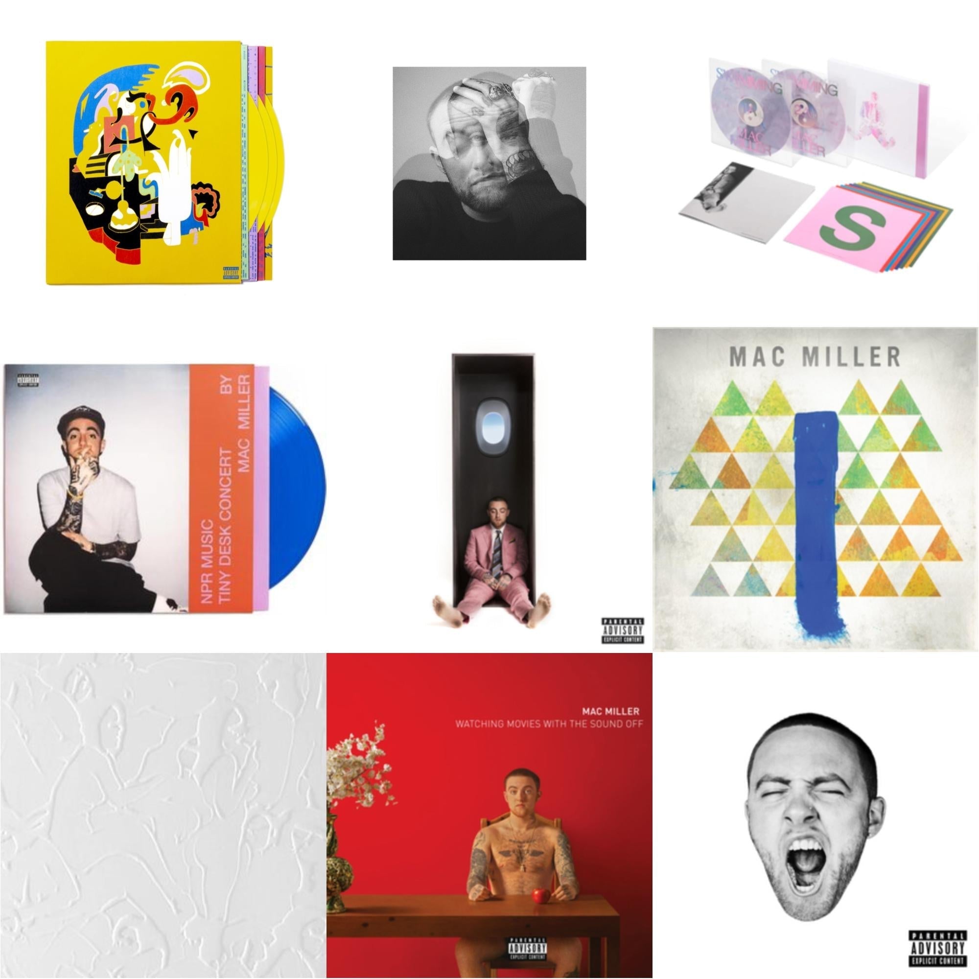Mac Miller - Faces (3LP/Yellow Vinyl) & Circles (2LP/Clear Vinyl) & Swimming (5 Year) (2LP/Milky Clear/Hot Pink/Sky Blue Marble Vinyl) & Npr Music Tiny Desk Concert (Translucent Blue LP Vinyl/B-Side Etching/Insert) & Swimming (X) & Blue Slide Park &