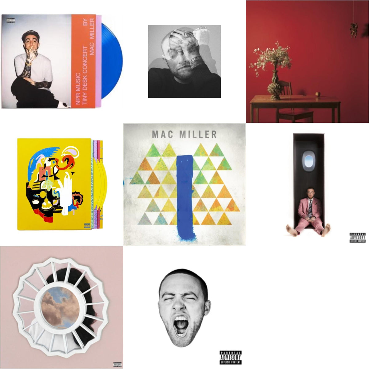 Mac Miller - Npr Music Tiny Desk Concert (Translucent Blue LP Vinyl/B-Side Etching/Insert) & Faces (3LP/Yellow Vinyl) & Swimming (X) & Circles (2LP/Clear Vinyl) & Divine Feminine (X) & Go:Od Am (X) & Watching Movies With The Sound Off (10 Year