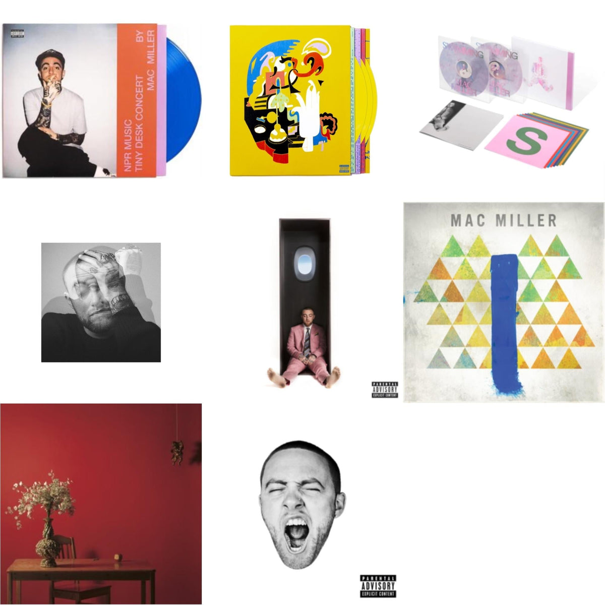 Mac Miller - Npr Music Tiny Desk Concert (Translucent Blue LP Vinyl/B-Side Etching/Insert) & Swimming (5 Year) (2LP/Milky Clear/Hot Pink/Sky Blue Marble Vinyl) & Faces (3LP/Yellow Vinyl) & Swimming (X) & Circles (2LP/Clear Vinyl) & Go:Od Am (X) &