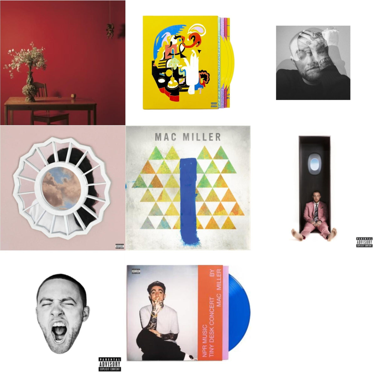 Mac Miller - Npr Music Tiny Desk Concert (Translucent Blue LP Vinyl/B-Side Etching/Insert) & Faces (3LP/Yellow Vinyl) & Swimming (X) & Circles (2LP/Clear Vinyl) & Divine Feminine (X) & Go:Od Am (X) & Watching Movies With The Sound Off (10 Year