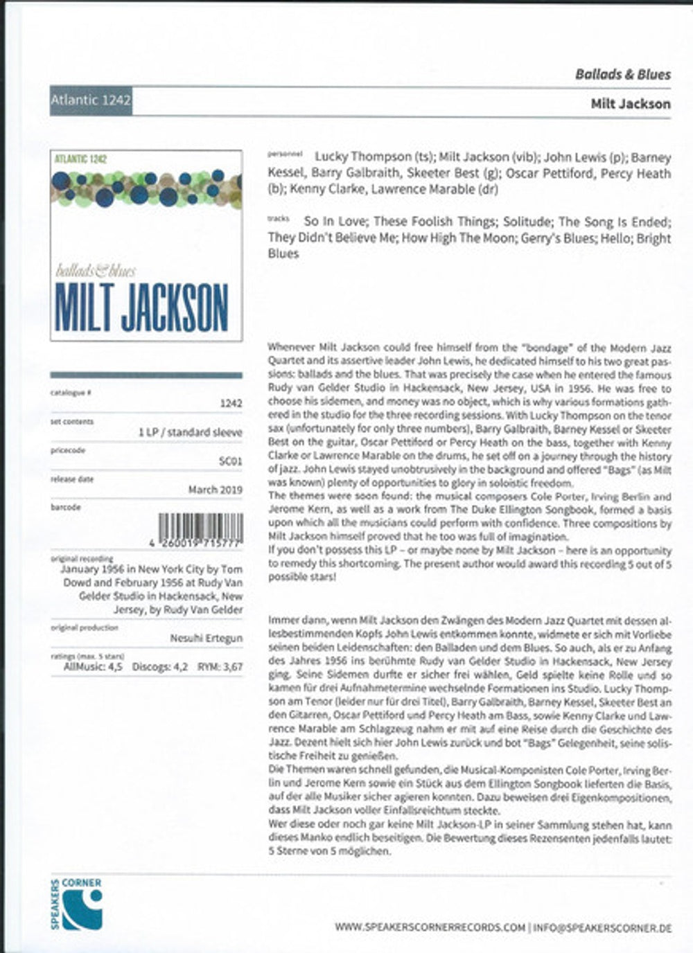 Milt Jackson – Ballads & Blues (LP Vinyl) Vinyl Record