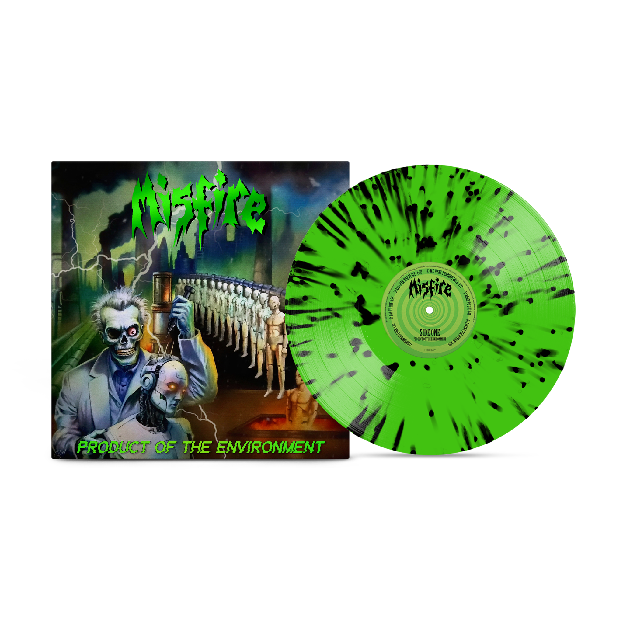 Misfire - Product Of The Environment Neon Green with Black Splatter Vinyl Record