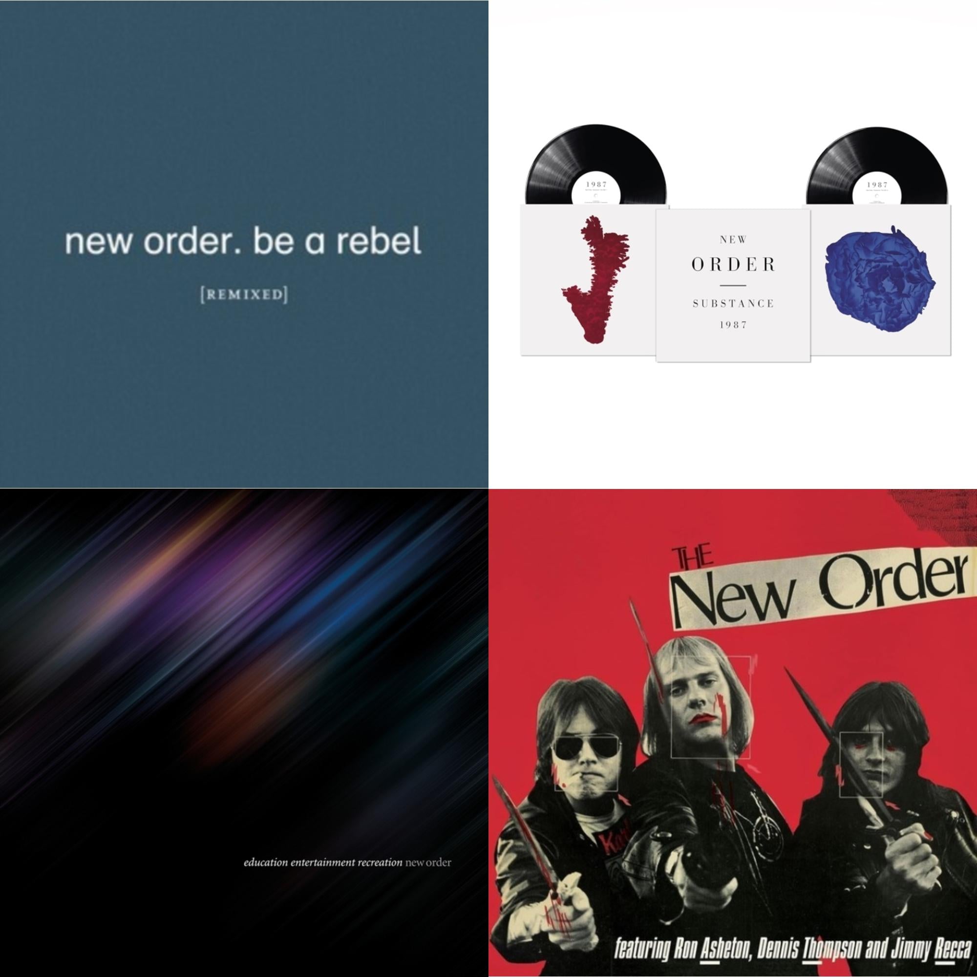 New Order - Be A Rebel Remixed (Limited Edition/Clear LP Vinyl) & Substance (2023 Reissue) (2LP) & Education Entertainment Recreation (Live) & New Order (Marble LP Vinyl)