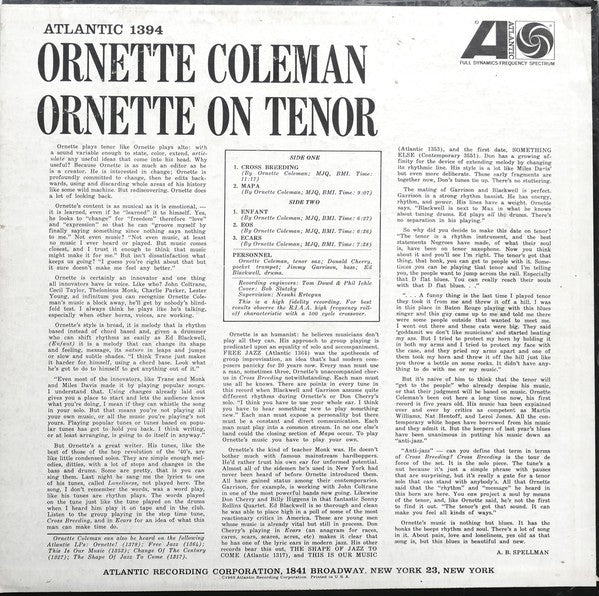 Ornette Coleman – Ornette on Tenor (LP Vinyl) Vinyl Record