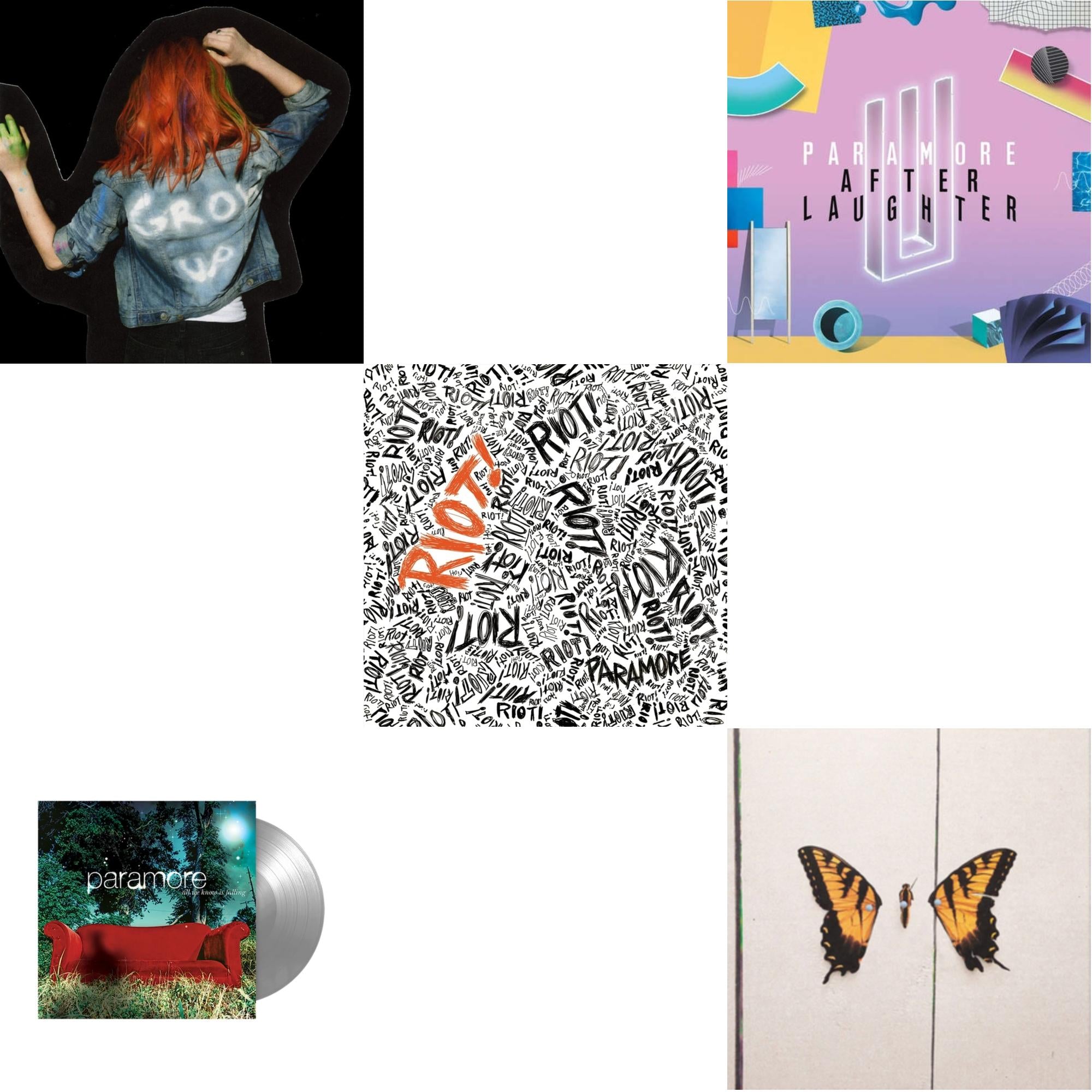 Paramore - Paramore (2LP) & All We Know Is Falling (Silver LP Vinyl) & Riot! (Fbr 25Th Anniversary Edtion/Silver LP Vinyl) & After Laughter (Black & White Marble LP Vinyl/Dl Card) (I) & Brand New Eyes