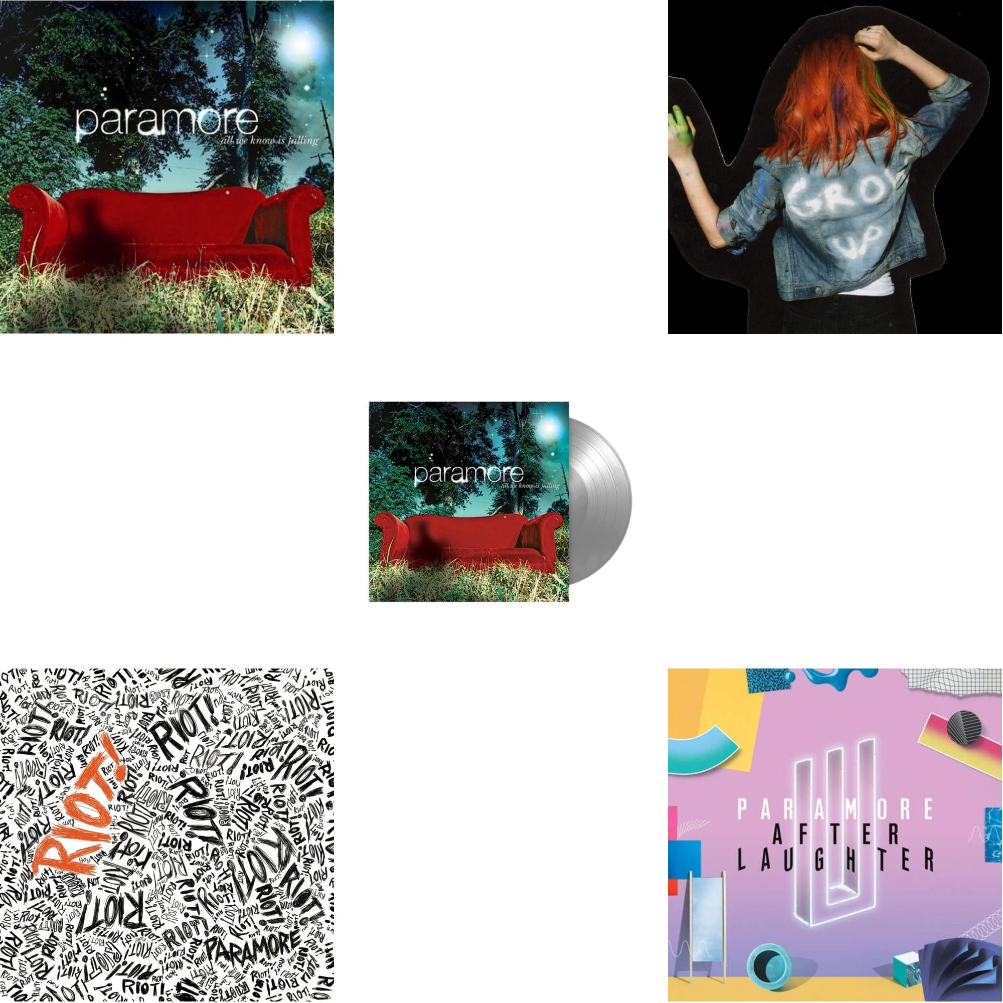 Paramore - Paramore (2LP) & All We Know Is Falling (Silver LP Vinyl) & Riot! (Fbr 25Th Anniversary Edtion/Silver LP Vinyl) & After Laughter (Black & White Marble LP Vinyl/Dl Card) (I) & All We Know Is Falling