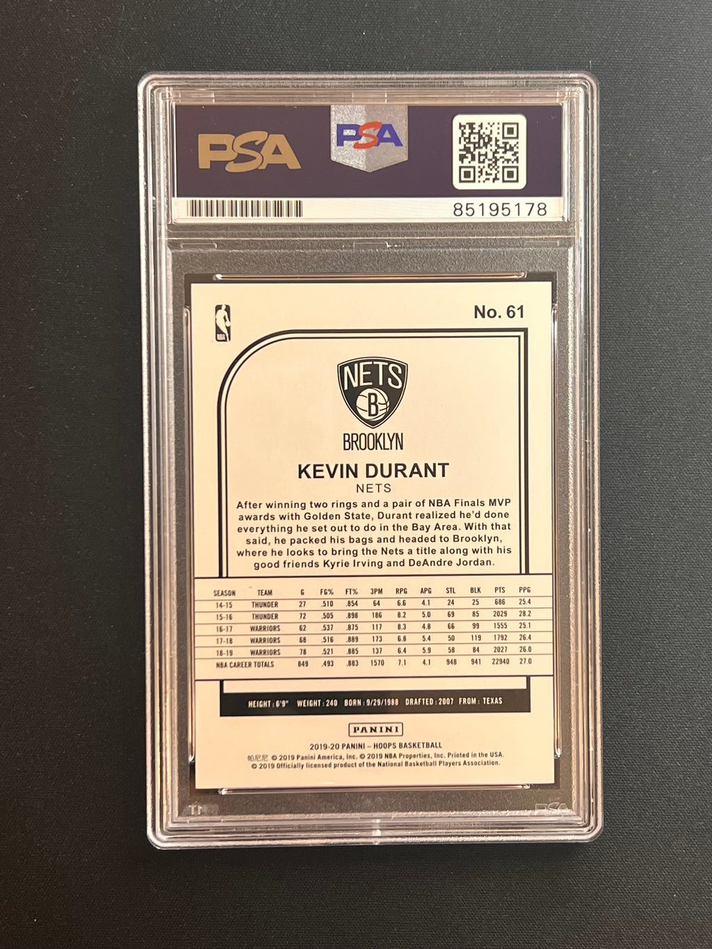 2019-20 Panini Hoops #61 Kevin Durant Signed Card AUTO PSA Slabbed