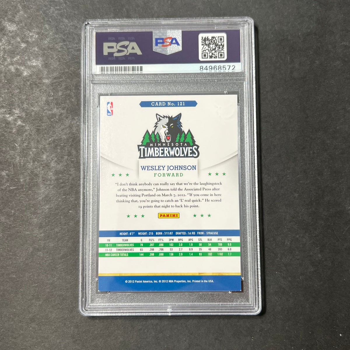 2012 Panini NBA Hoops #121 Wesley Johnson Signed Card Auto PSA Slabbed RC Timberwolves