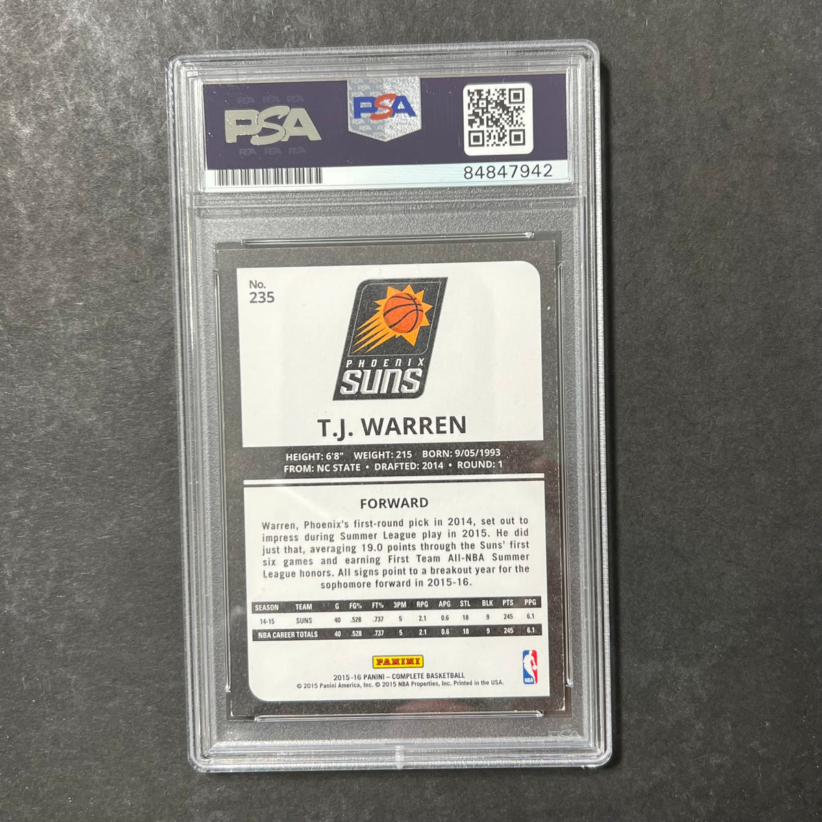 2015-16 Panini Complete #235 TJ WARREN Signed Card AUTO PSA Slabbed Suns