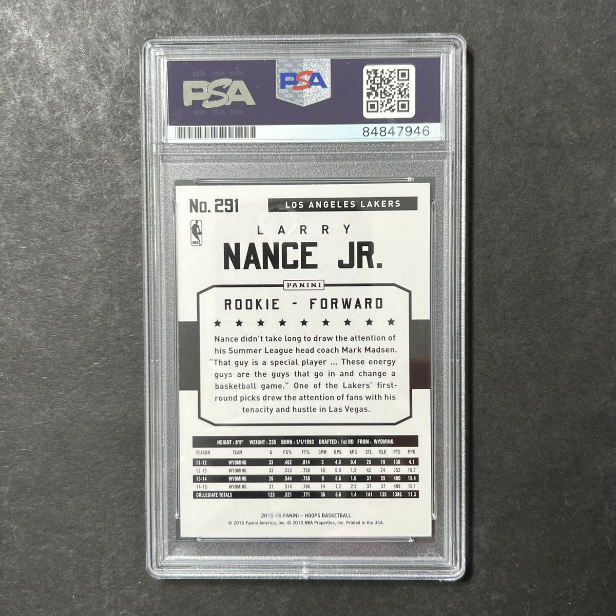2015-16 NBA Hoops #291 Larry Nance Jr. Signed Card PSA Slabbed Lakers