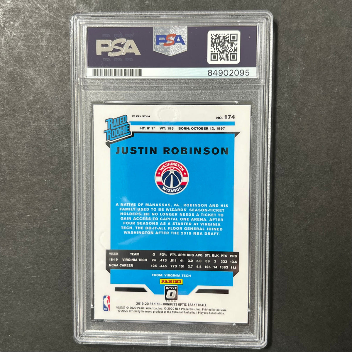 2019-20 OPTIC RATED ROOKIE #174 JUSTIN ROBINSON Signed Rookie Card AUTO PSA Slabbed RC Wizards