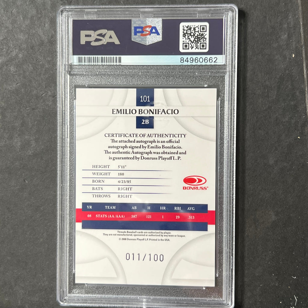 2008 Donruss Threads #101 Emilio Bonifacio Signed Card AUTO PSA Slabbed Nationals