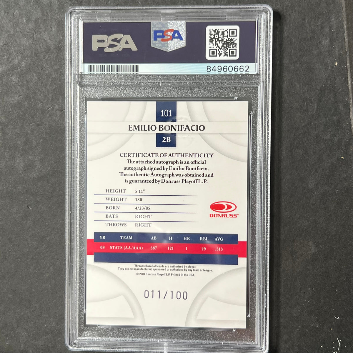 2008 Donruss Threads #101 Emilio Bonifacio Signed Card AUTO PSA Slabbed Nationals