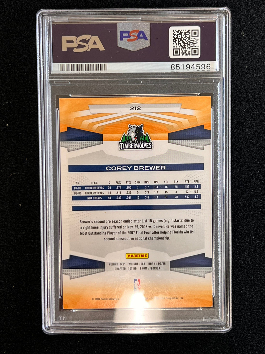 2009-10 Panini Basketball #212 Corey Brewer Signed Card AUTO 10 PSA Slabbed Timberwolves