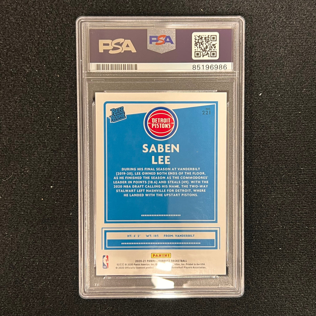 2020-21 Donruss Rated Rookie #221 Saben Lee Signed Card AUTO PSA Slabbed Pistons