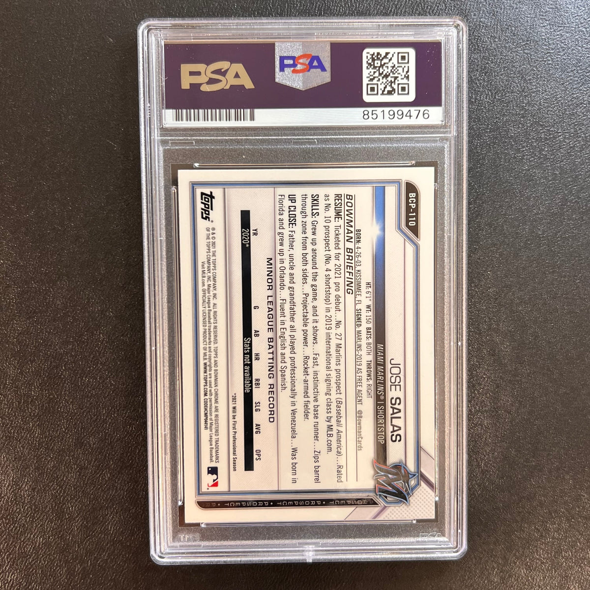 2021 Topps #BCP-110 Jose Salas Signed Card PSA Slabbed AUTO Marlins