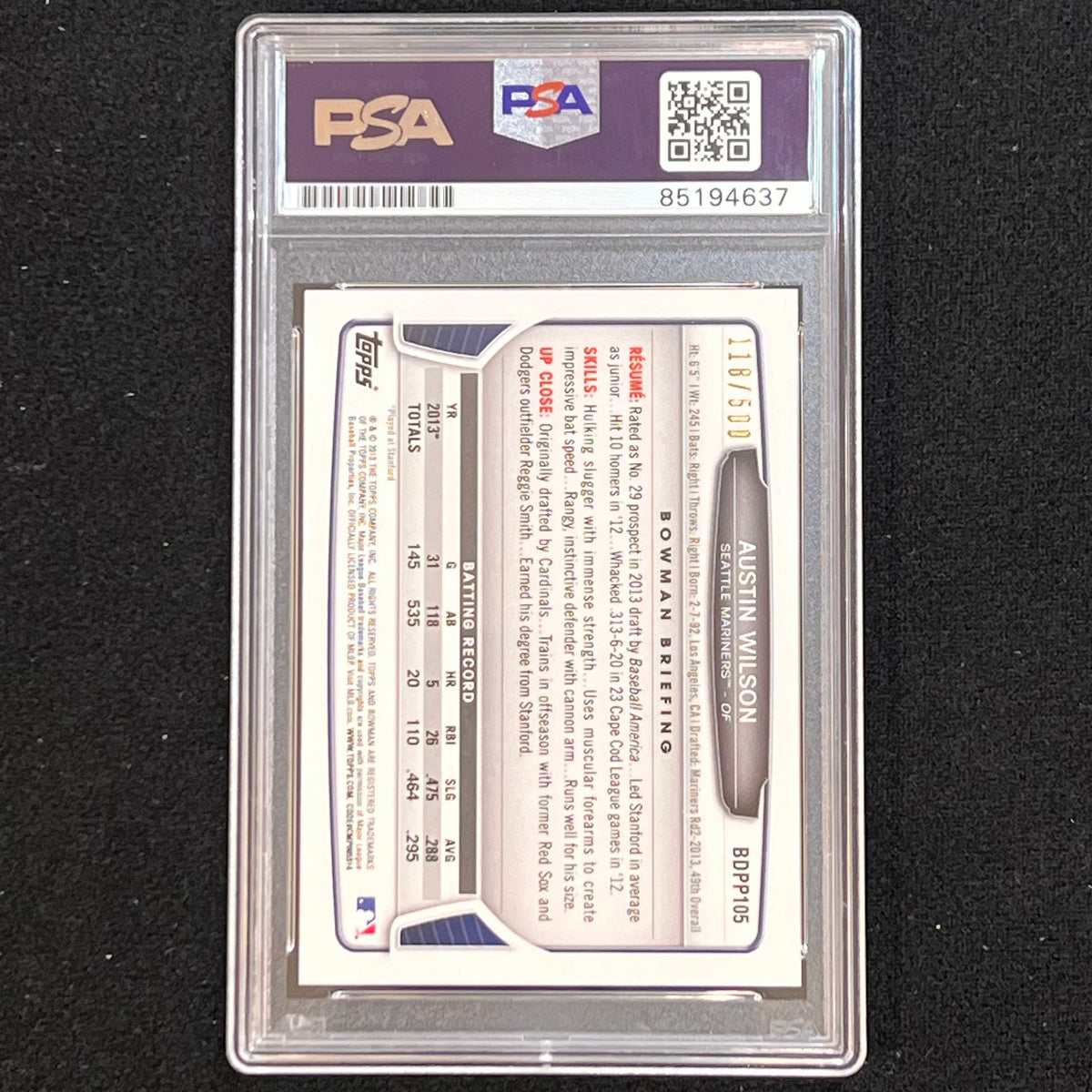 2013 Topps #BDPP105 Austin Wilson Signed Card PSA Slabbed AUTO 10 Mariners