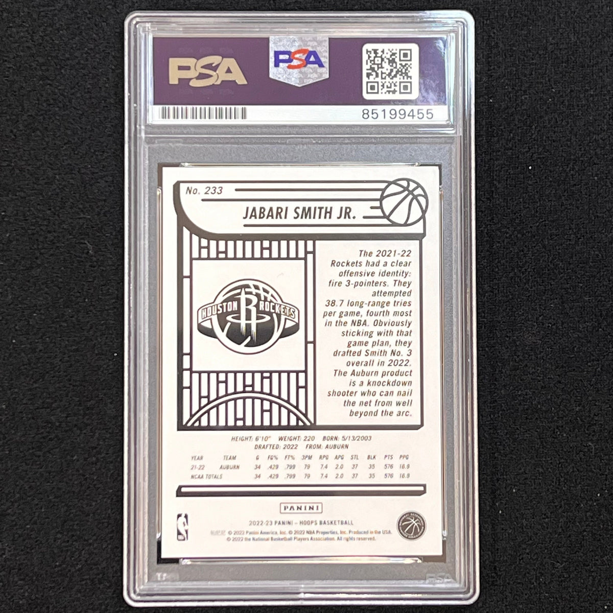 2022-23 Panini Hoops #233 Jabari Smith Jr Signed Card AUTO PSA RC Slabbed Houston