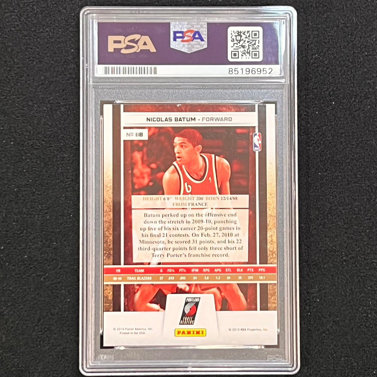 2009-10 Panini Season Update #118 Nicolas Batum Signed Card AUTO 10 PSA Slabbed Blazers