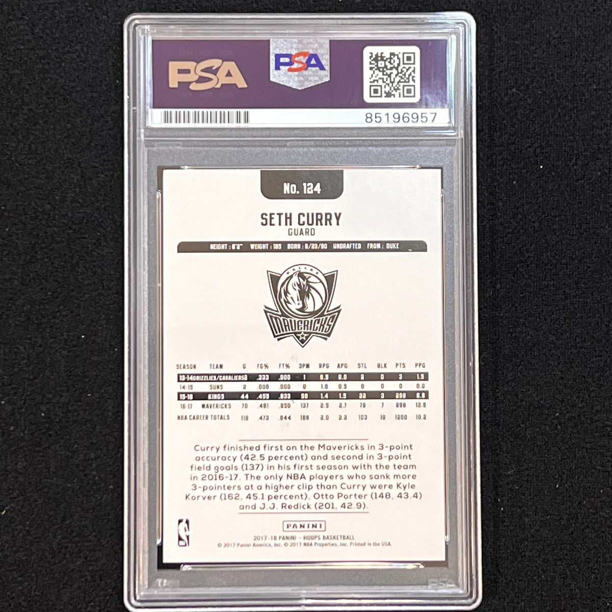 2017-18 Panini- Hoops #124 Seth Curry Signed Card AUTO PSA Slabbed Mavericks