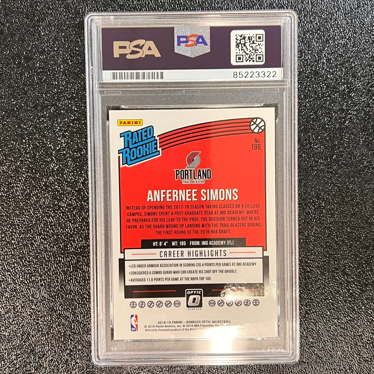2018 Panini Donruss Optic Rated Rookie #186 ANFERNEE SIMONS Signed Rookie Card AUTO PSA Slabbed RC Blazers