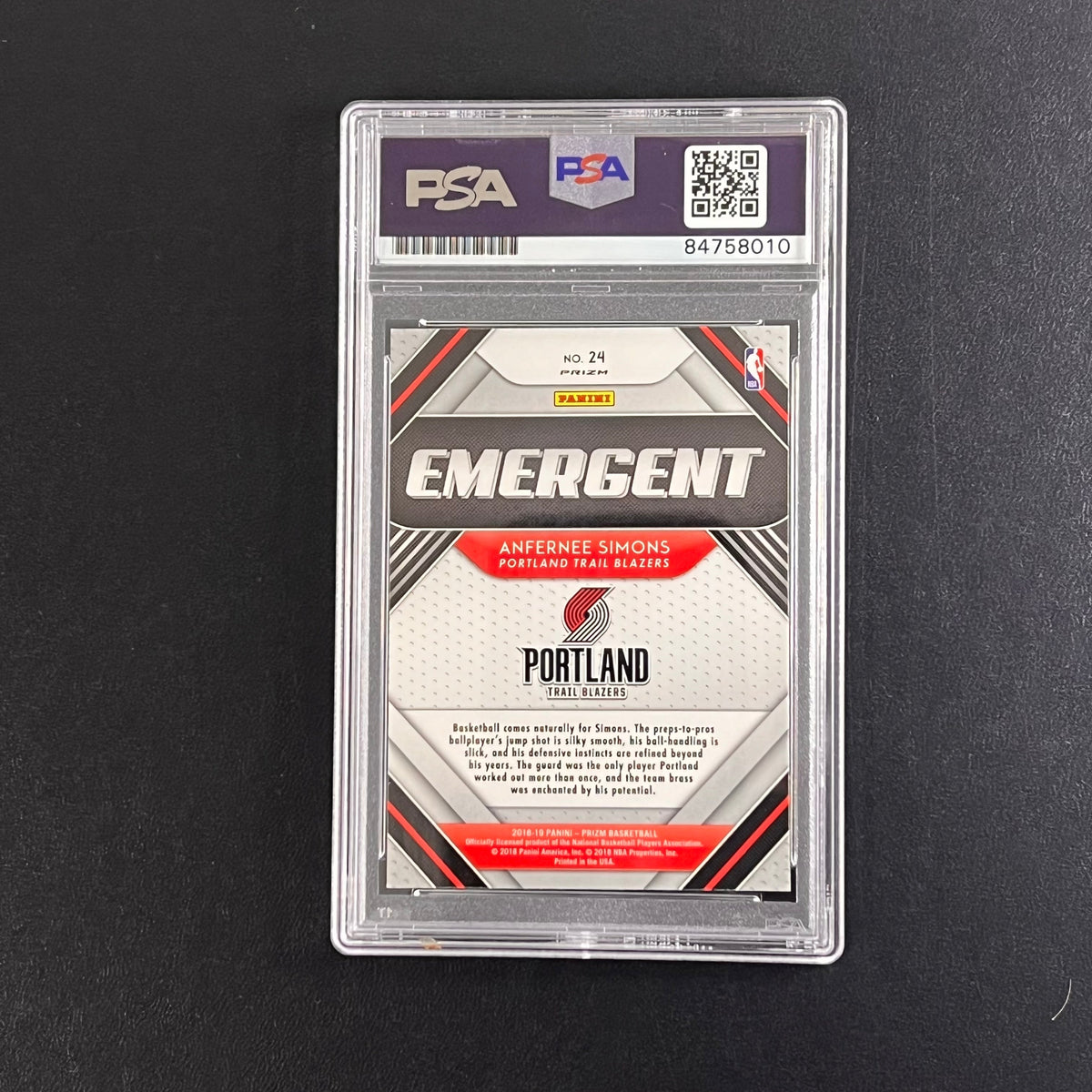 2018-19 Panini Prizm Emergence #24 ANFERNEE SIMONS Signed Card AUTO 10 PSA Slabbed RC Blazers
