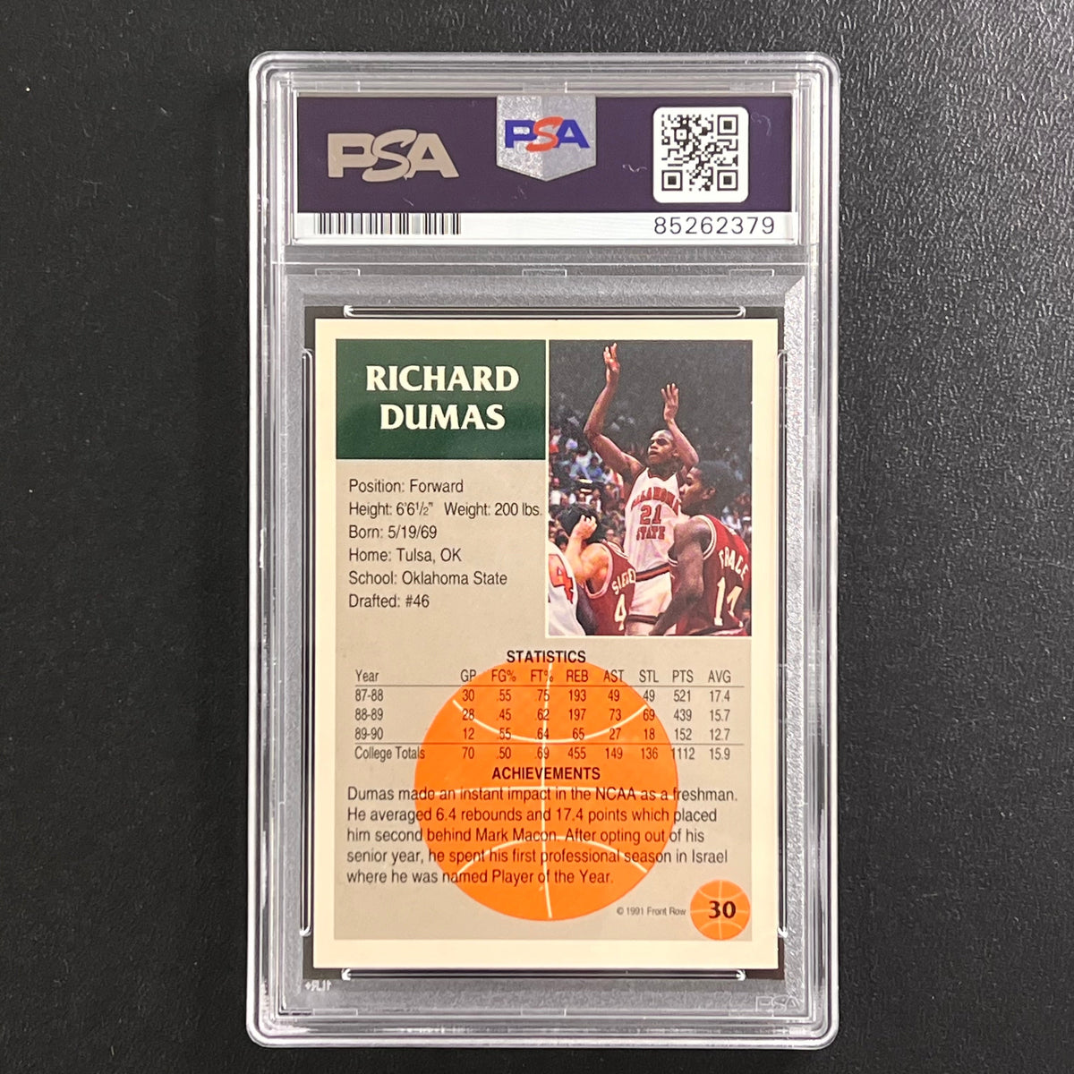 1991 Front Row Draft Pick #30 Richard Dumas Signed Card AUTO 10 PSA Slabbed Suns Oklahoma State RC