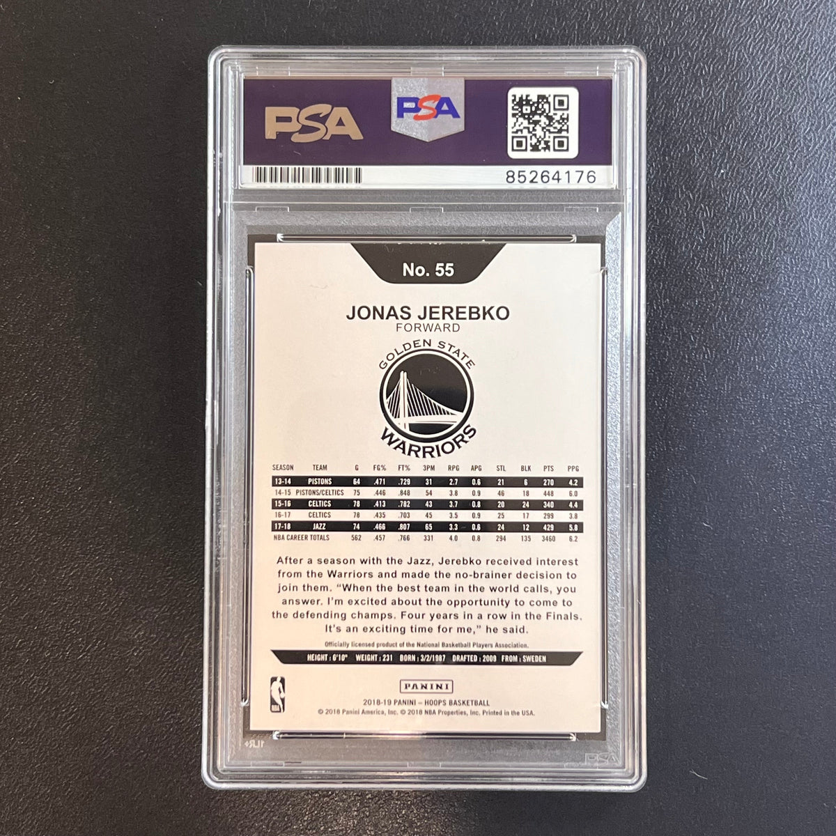 2018-19 Panini Hoops #55 Jonas Jerebko Signed Card AUTO PSA Slabbed Warriors